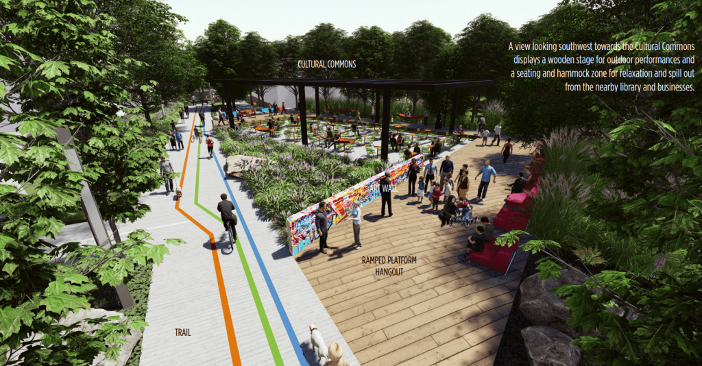 A view looking southwest towards the Cultural Commons displays a wooden stage for outdoor 
performances and a seating and hammock zone for relaxation and spill out from the nearby library and businesses. 